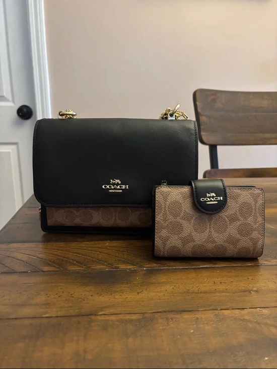 Coach SET Black Leather & Brown Signature Canvas Crossbody with Matching Wallet - Picture 11 of 16